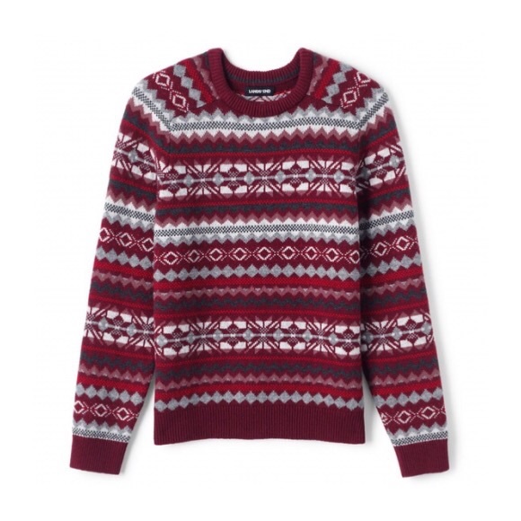 Land’s End Men’s Sweater Fair Isle Holiday Crewneck,Red...
